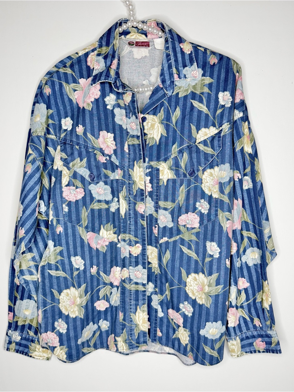 Vintage cameo Blue Striped Floral Button-Down Shirt Top